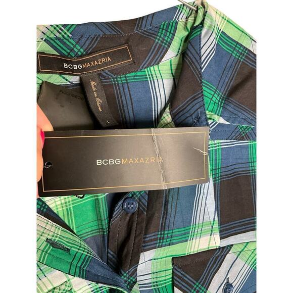 BCBG MAXAZRIA Shirt Button Up Cap Sleeves Pockets Plaid Green Womens Large - Picture 4 of 4